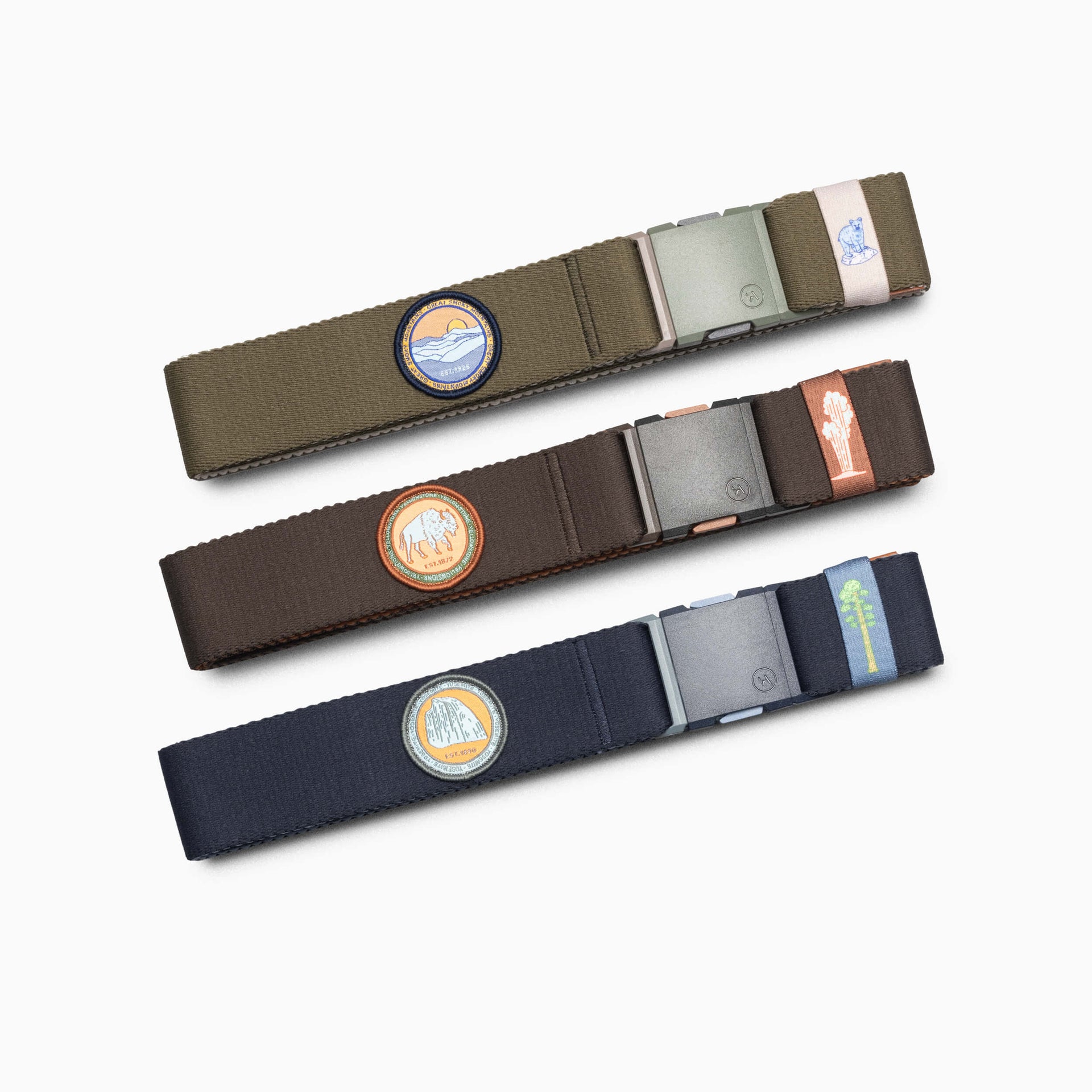 4 belts laid on forest ground