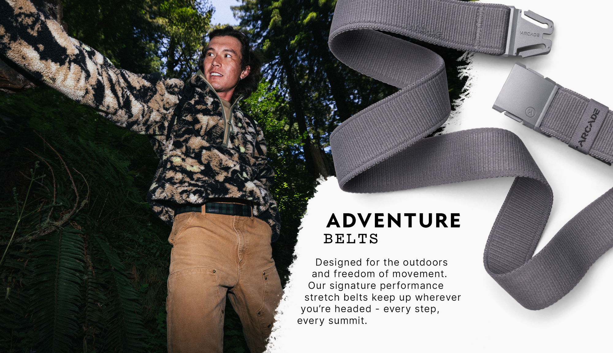 A man outdoors in a forest wearing tan pants and a patterned fleece jacket looks upward. Next to him is a gray stretch webbing Arcade Belt with a plastic buckle. Text reads: Adventure Belts—designed for the outdoors and freedom of movement.