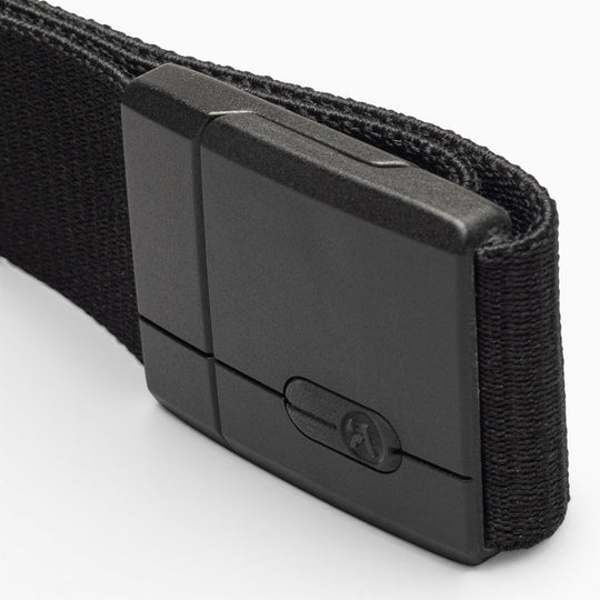 A close-up view of the Arcade Belts Aero Mag, a black fabric belt with a durable rectangular buckle, displayed against a plain white background.