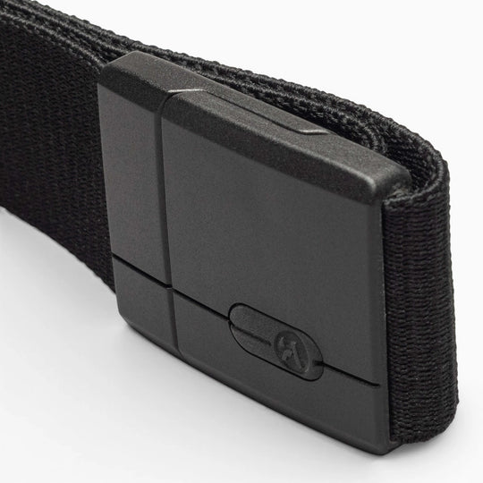 A close-up view of the Arcade Belts Aero Mag, a black fabric belt with a durable rectangular buckle, displayed against a plain white background.