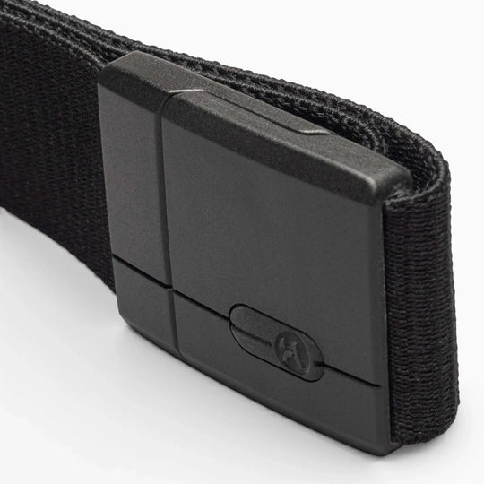 A close-up view of the Arcade Belts Aero Mag, a black fabric belt with a durable rectangular buckle, displayed against a plain white background.