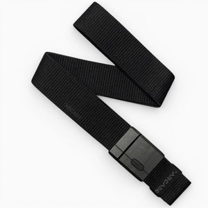 The Arcade Belts Aero Mag is a black woven nylon belt featuring a durable rectangular black plastic buckle, displayed flat on a white background.