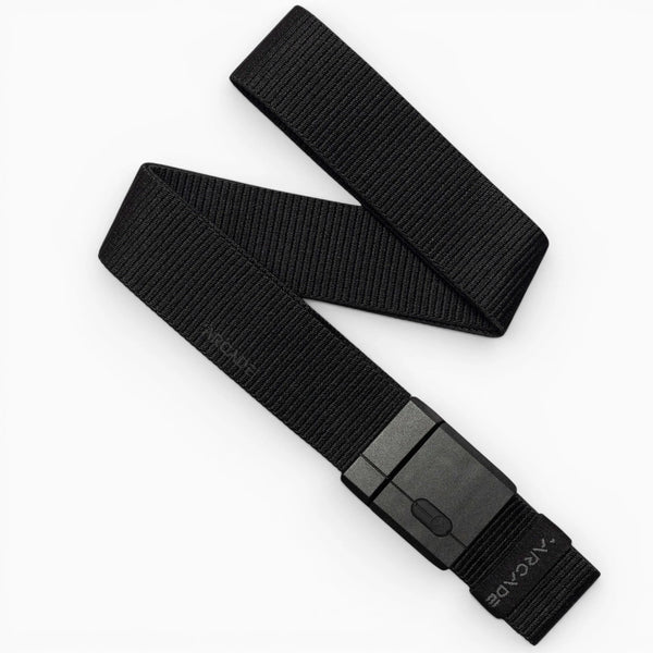 The Arcade Belts Aero Mag is a black woven nylon belt featuring a durable rectangular black plastic buckle, displayed flat on a white background.