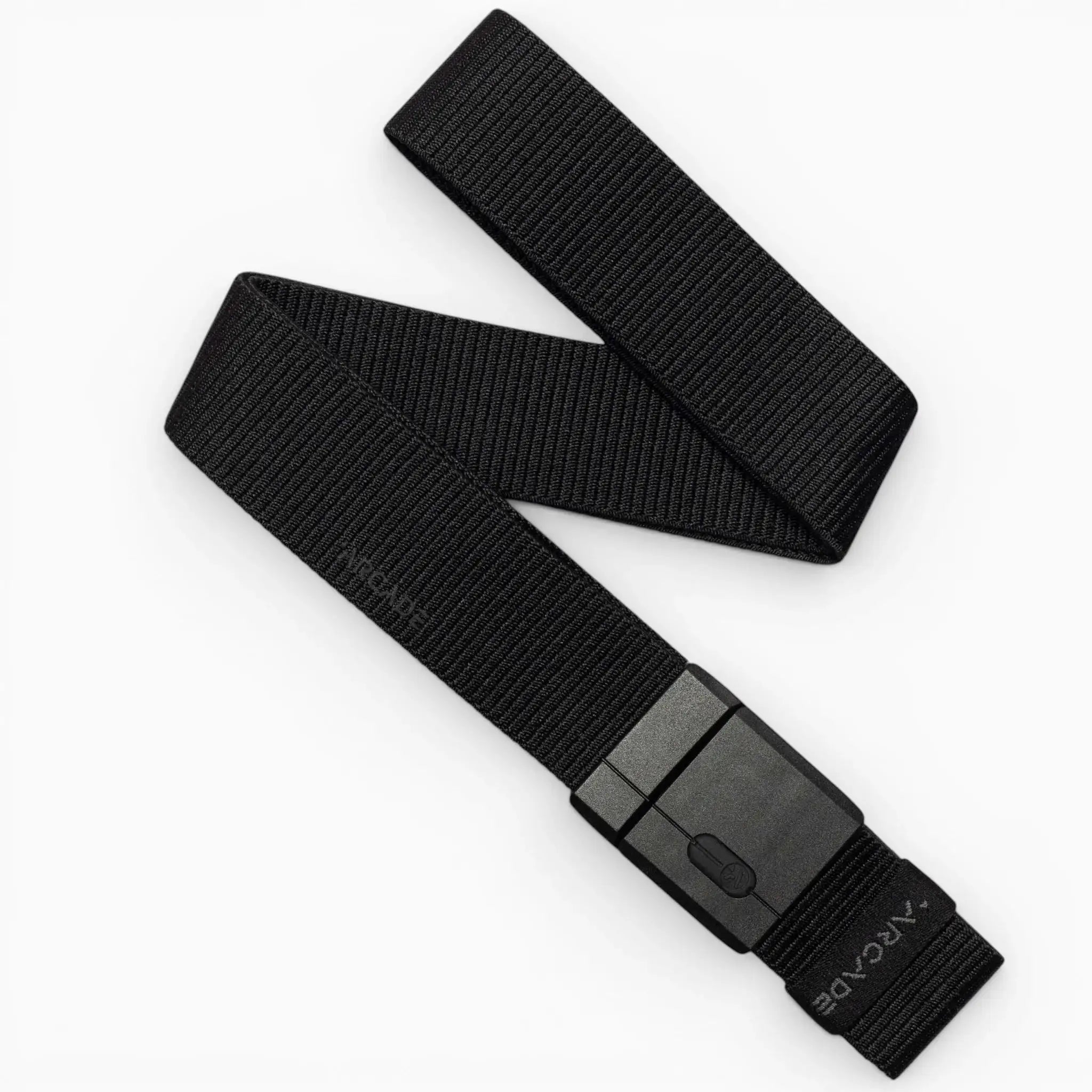 The Arcade Belts Aero Mag is a black woven nylon belt featuring a durable rectangular black plastic buckle, displayed flat on a white background.