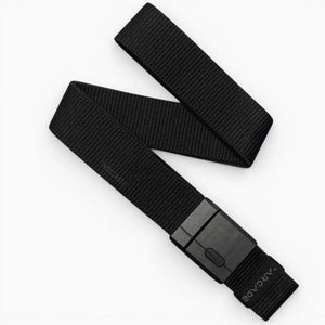 The Arcade Belts Aero Mag is a black woven nylon belt featuring a durable rectangular black plastic buckle, displayed flat on a white background.