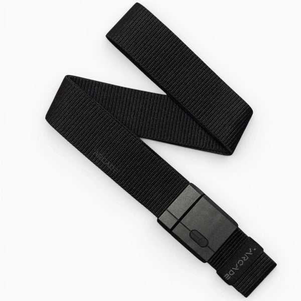 The Arcade Belts Aero Mag is a black woven nylon belt featuring a durable rectangular black plastic buckle, displayed flat on a white background.