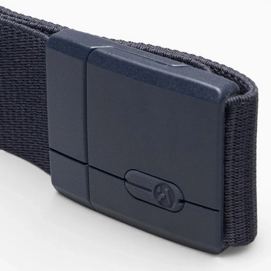 A close-up of the Aero Mag by Arcade Belts, featuring a durable black rectangular buckle attached to a woven black belt, set against a white background.
