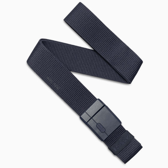 Navy blue belt with a plastic buckle on a white background