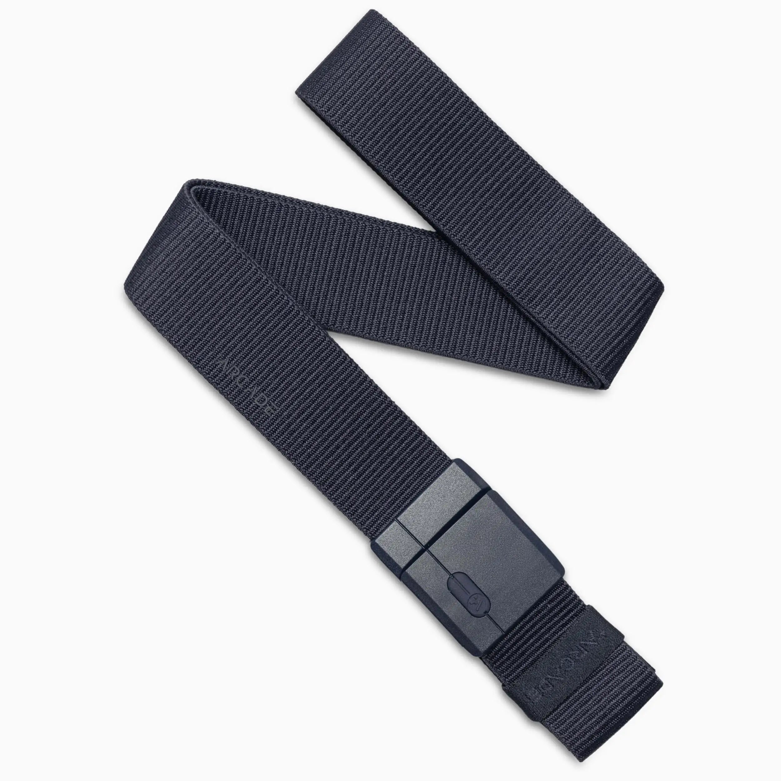 The Arcade Belts Aero Mag, an adjustable navy nylon belt with a durable buckle, is displayed on a white background and arranged in a loose zigzag pattern.