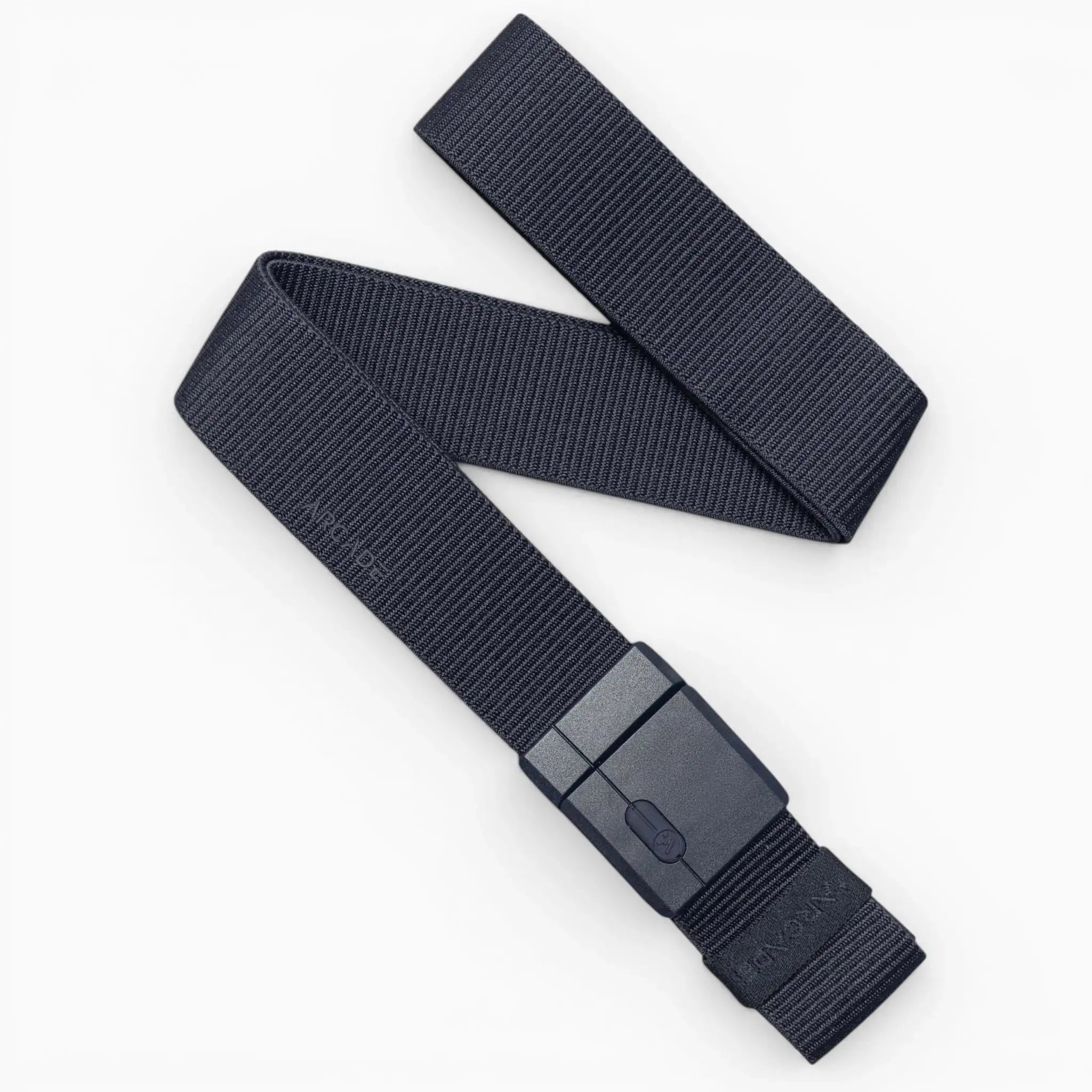 The Aero Mag belt by Arcade Belts is crafted from navy blue, ribbed fabric and features a rectangular, durable black plastic buckle, displayed on a white background.