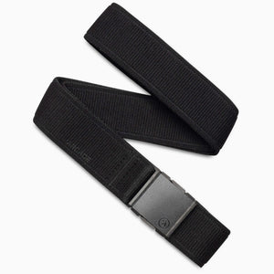 The Atlas belt by Arcade Belts features black stretch webbing for comfort, a rectangular plastic buckle, and a subtle ARCADE emboss near the buckle, emphasizing its simple, minimalist design.