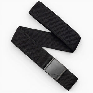 The Atlas belt by Arcade Belts features black stretch webbing for comfort, a rectangular plastic buckle, and a subtle ARCADE emboss near the buckle, emphasizing its simple, minimalist design.