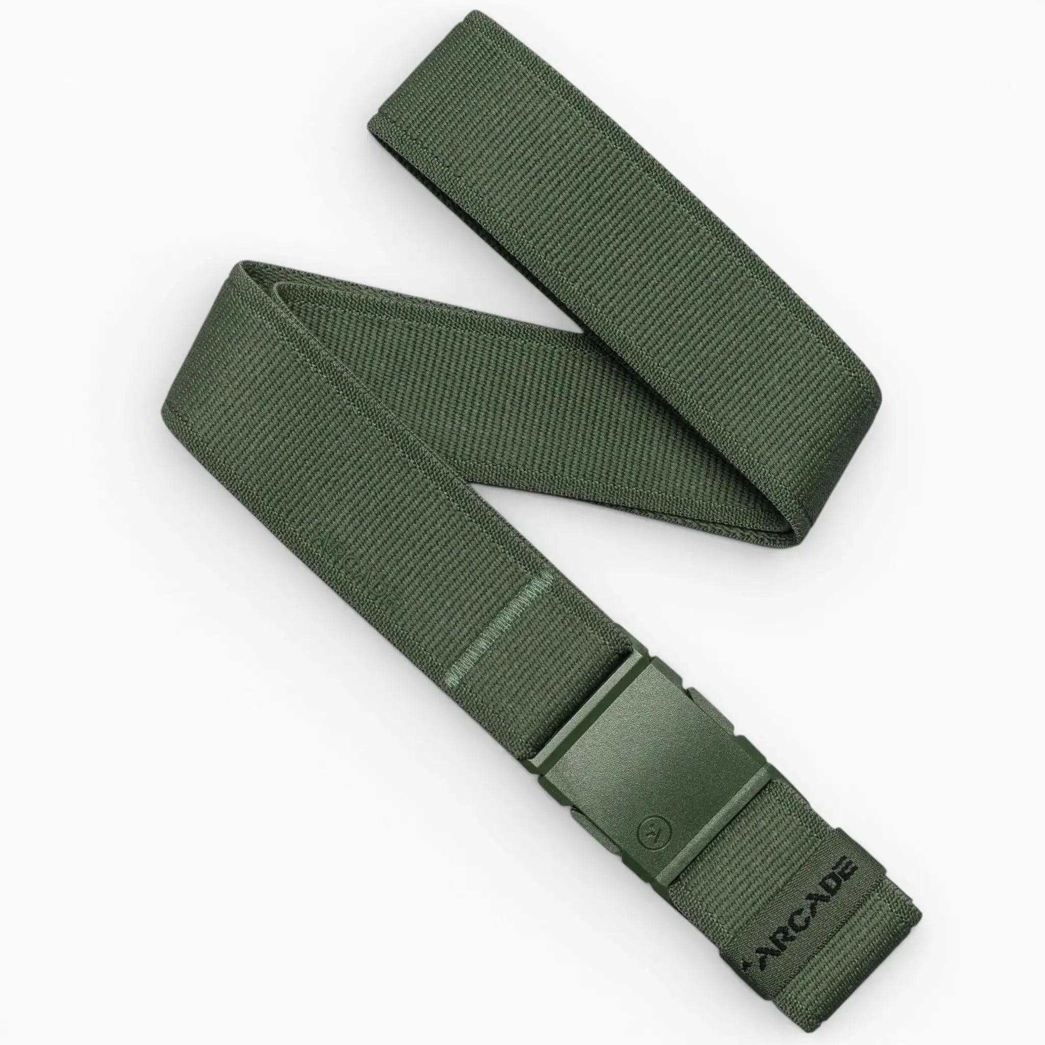 The Atlas by Arcade Belts is a dark green performance stretch belt with an A2 buckle and ARCADE printed near the tip, displayed in a loose zigzag on a white background.