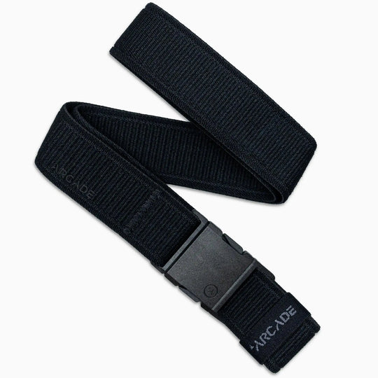 The Arcade Belts A2 Youth Kit is a black, adjustable, machine-washable fabric belt with a plastic buckle and subtle ARCADE branding—coiled in a loose zigzag shape—perfect for youth adventure gear.