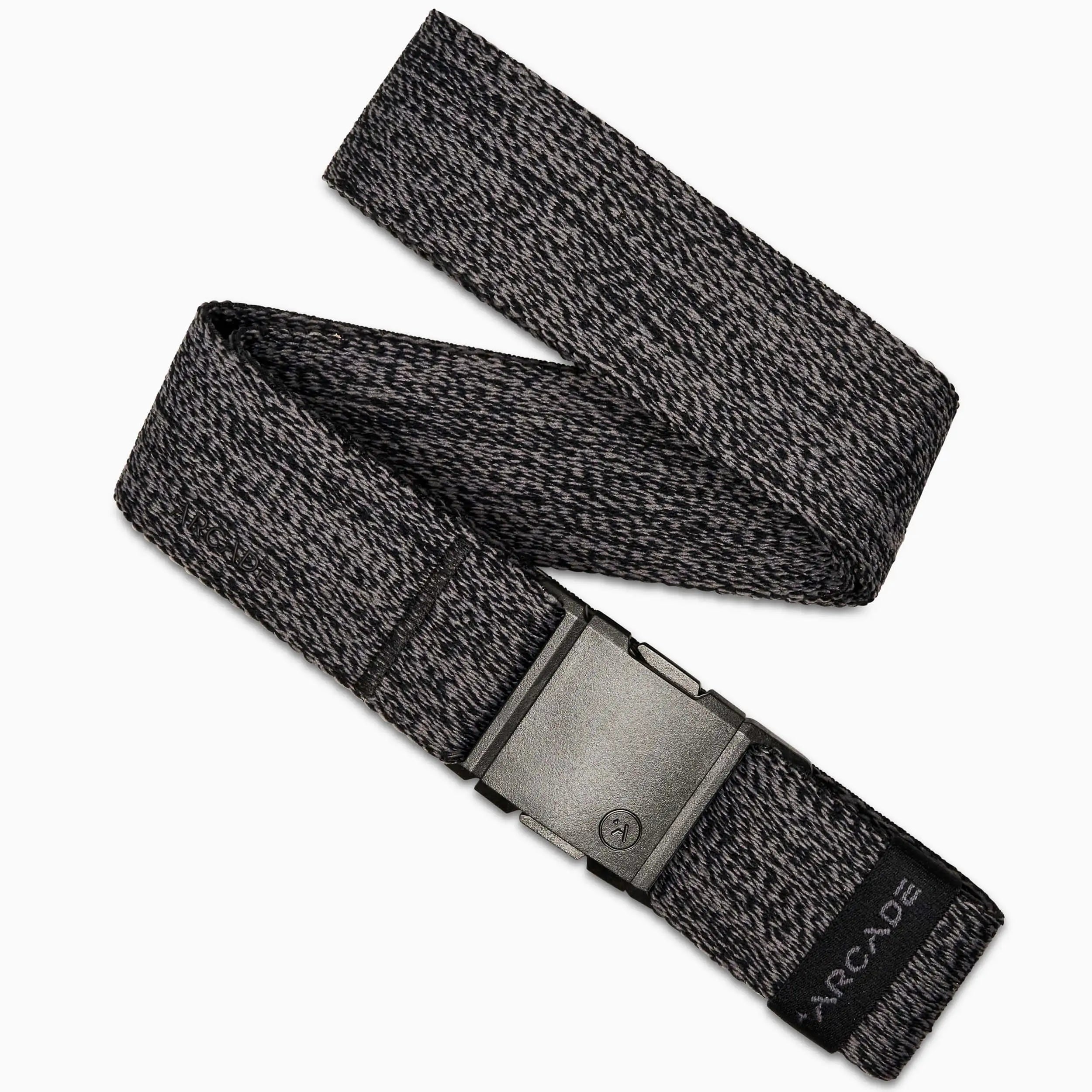 The Atlas belt by Arcade Belts is a gray and black woven elastic stretch belt with a rectangular gray plastic buckle and a black tag displaying the Arcade logo at the end.