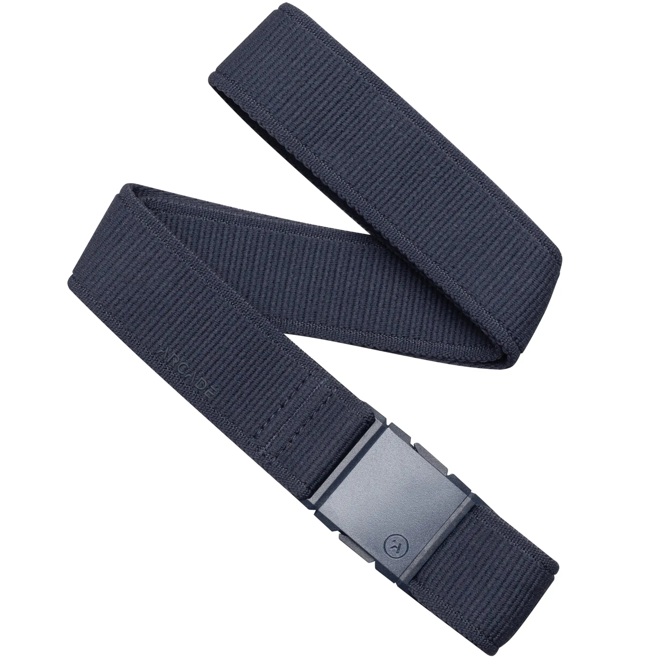 The Arcade Belts Atlas Long Kit is a dark navy blue elastic stretch belt with a rectangular plastic buckle, shown coiled loosely on a white background.