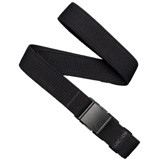 A black Atlas Slim Kit belt by Arcade Belts with a plastic buckle is coiled on a white background. The elastic stretch belt shows the ARCADE branding near its end.