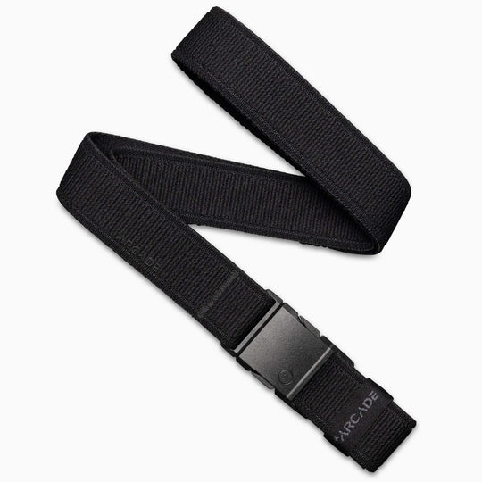 The Atlas belt from Arcade Belts features a black stretch webbing design and a rectangular plastic buckle. Displayed partially coiled on a white background, the brand name Arcade is visible near the end.