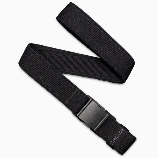 The Atlas belt from Arcade Belts features a black stretch webbing design and a rectangular plastic buckle. Displayed partially coiled on a white background, the brand name Arcade is visible near the end.