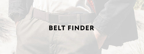 A person wearing a black belt, light shirt, and dark pants with hands in their pockets. The words BELT FINDER appear centered over the image.