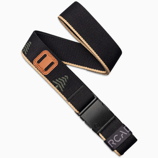 The Arcade Belts Blackwood in Black Sand features an A2 buckle, tan stitched edges, a brown leather accent, green tree stitching, and a visible ARC logo—showcasing the iconic Blackwood design.