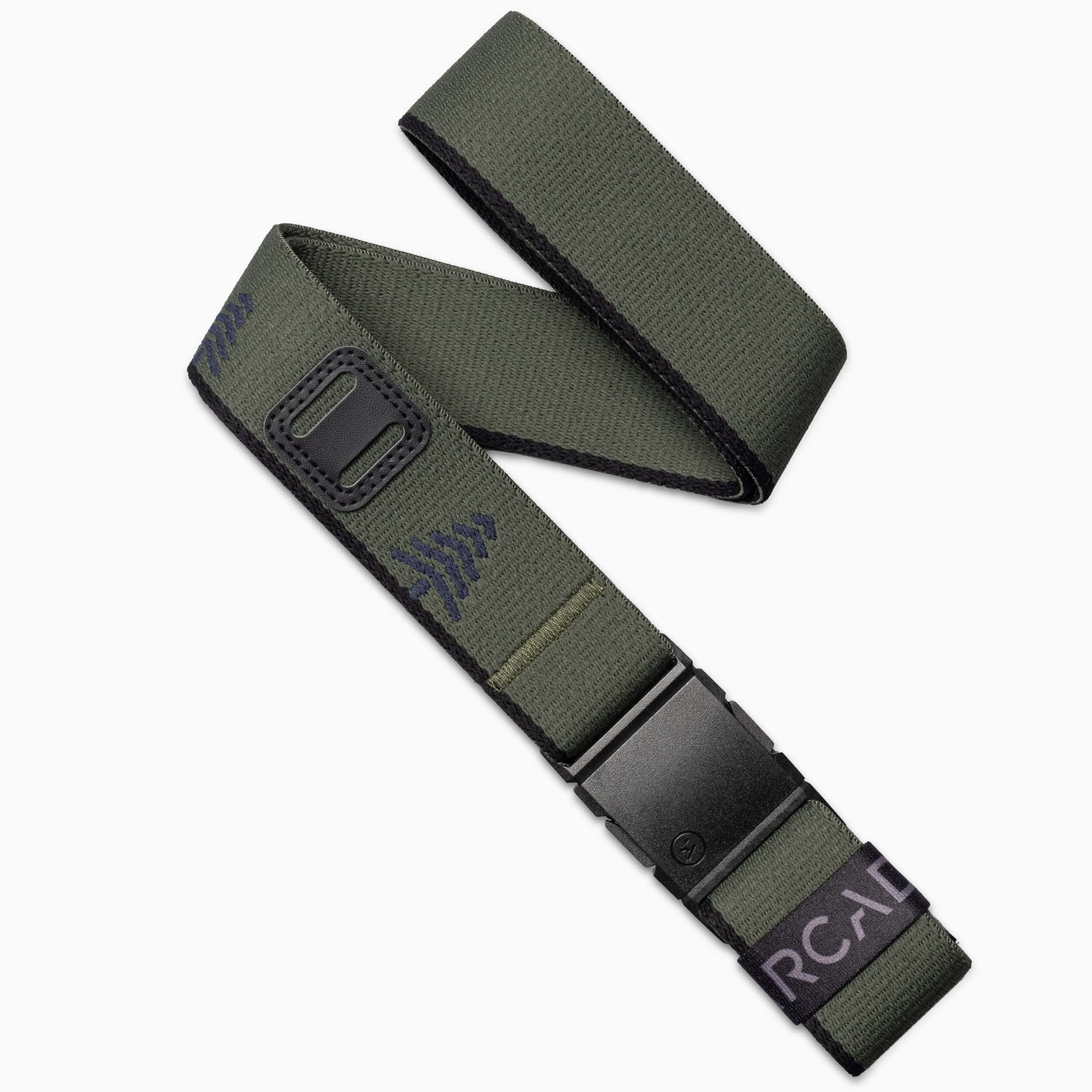 The Arcade Belts Blackwood Kit is a green stretch belt with a black plastic buckle and subtle black chevron patterns, featuring a small black patch and a black tag with white text—designed for all-day comfort.