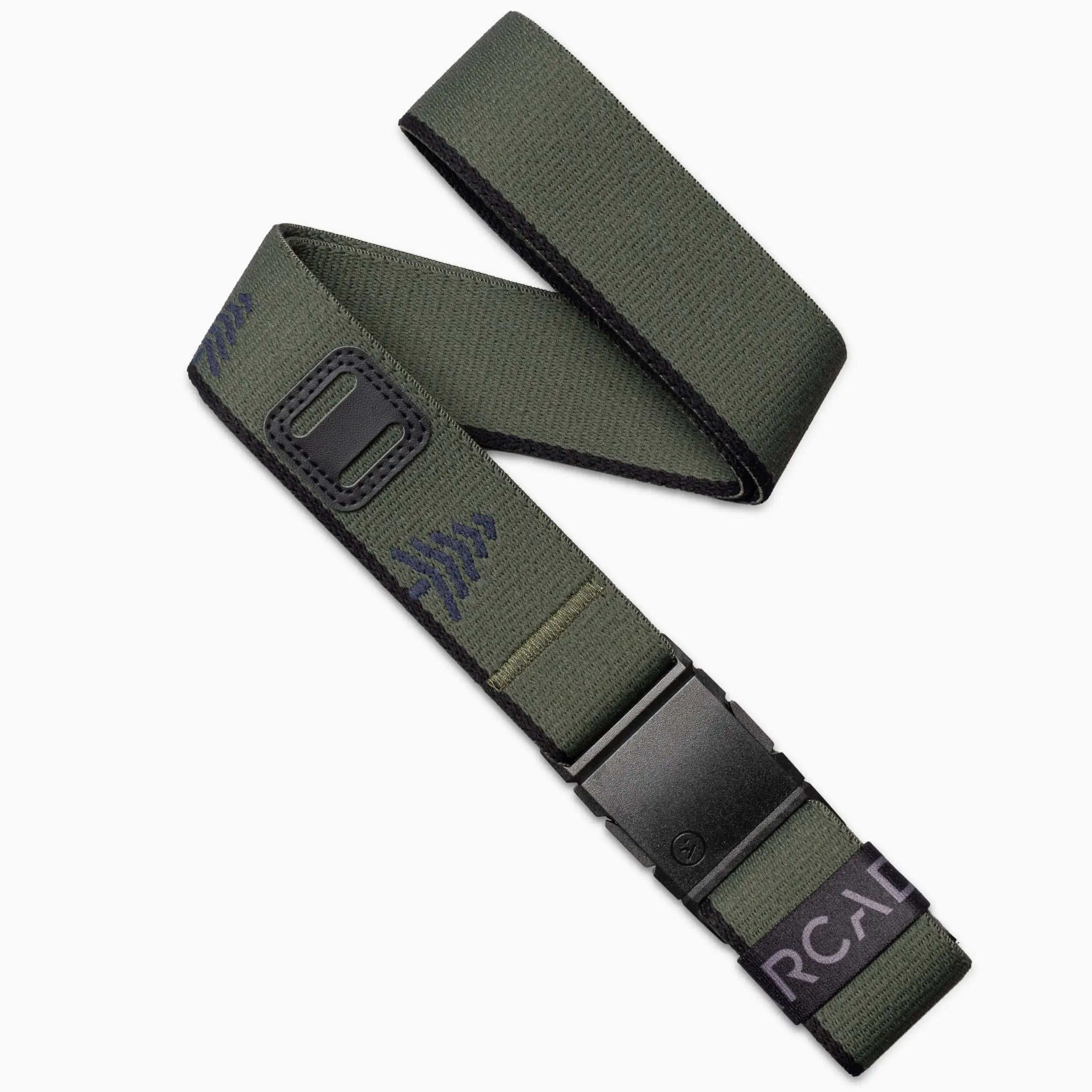 The Arcade Belts Blackwood Kit is a green stretch belt with a black plastic buckle and subtle black chevron patterns, featuring a small black patch and a black tag with white text—designed for all-day comfort.