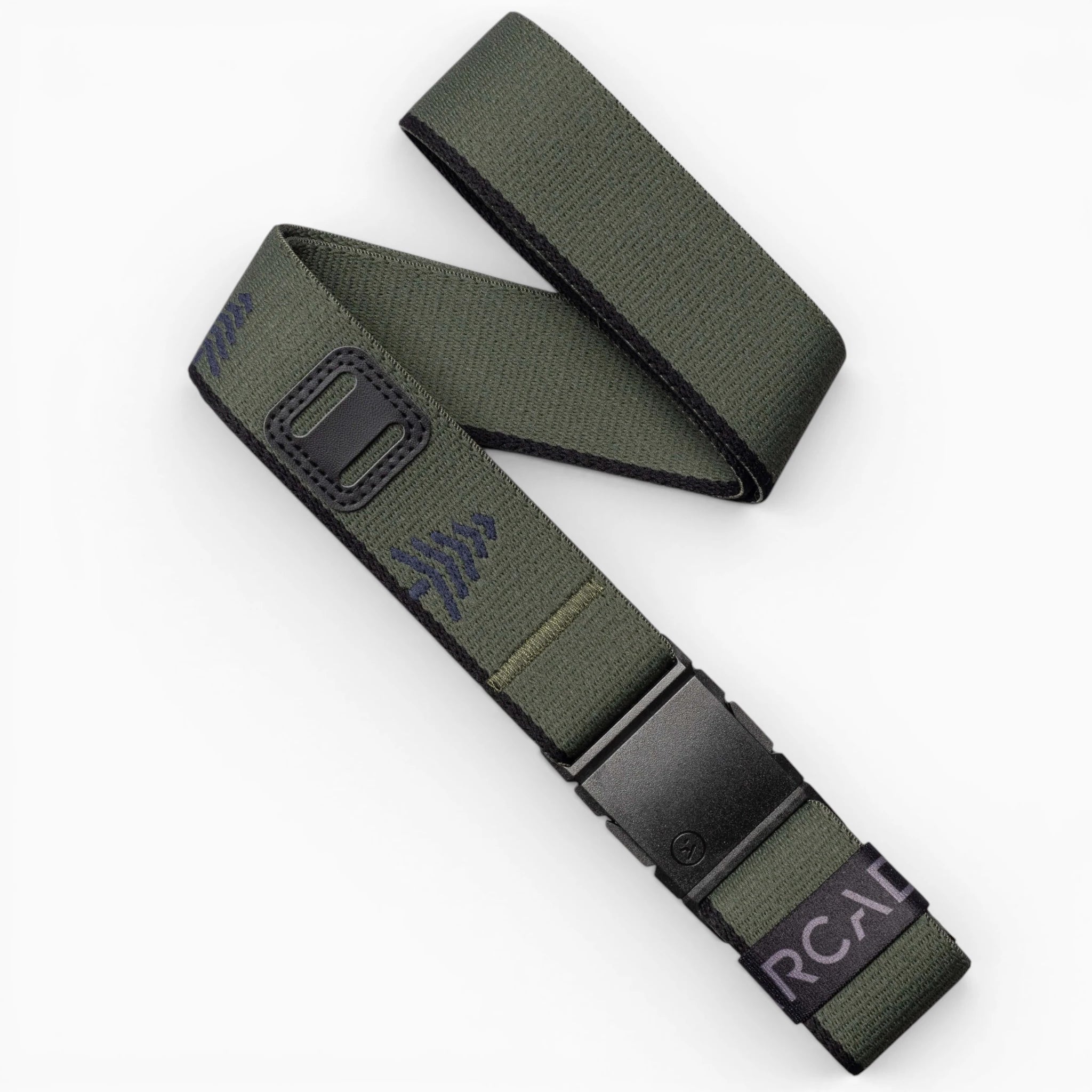 The Arcade Belts Blackwood belt in Ivy Green Black features black and blue accents, a black plastic A2 buckle, and a black tab with "RCAY" in white. The belt is shown partially rolled in an S-shape.