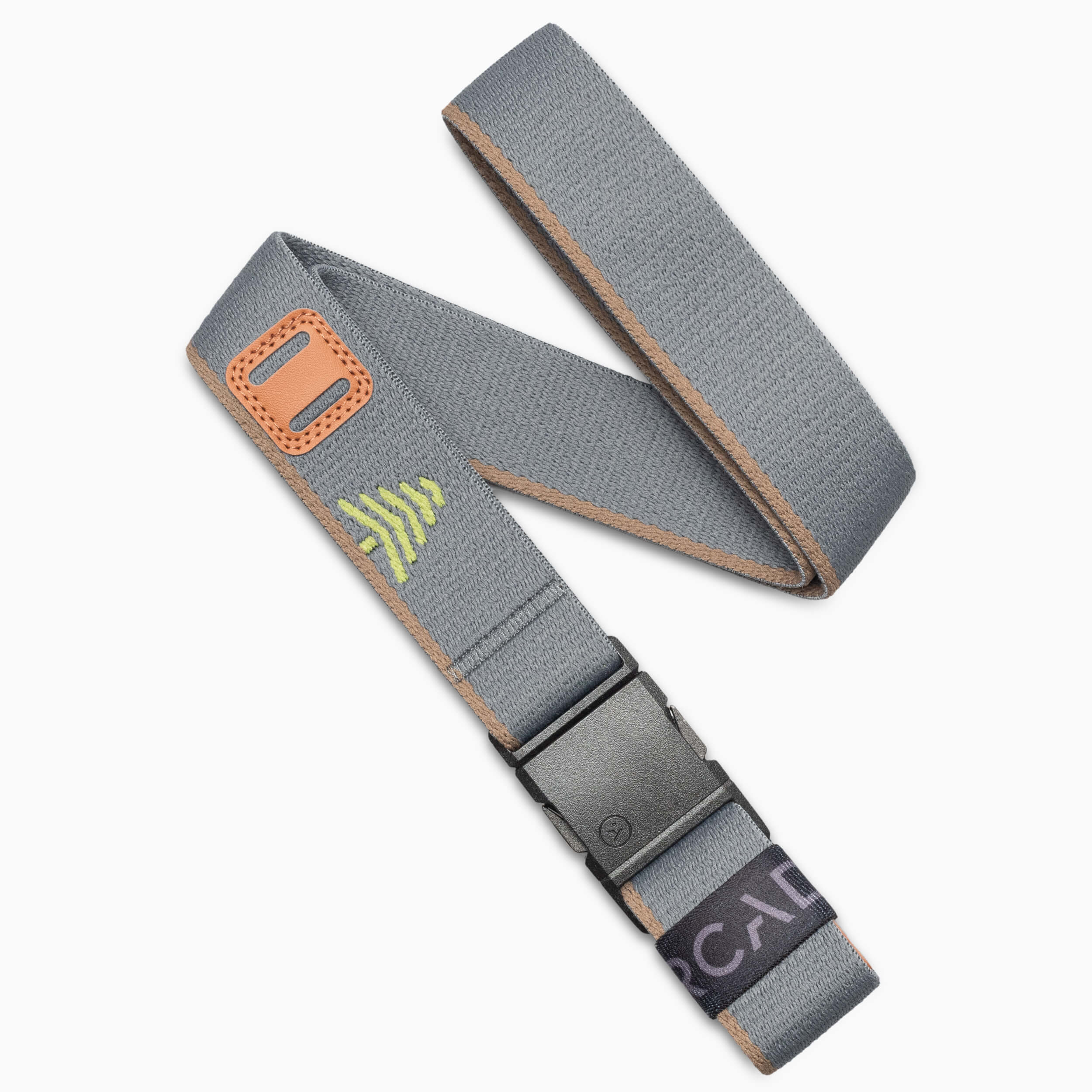 A fabric belt from Arcade Belts called Blackwood in the Shadow Sand color, featuring an A2 buckle, tan stitching, a small yellow tree inspired by the Blackwood design, and a tan leather detail on the loop.