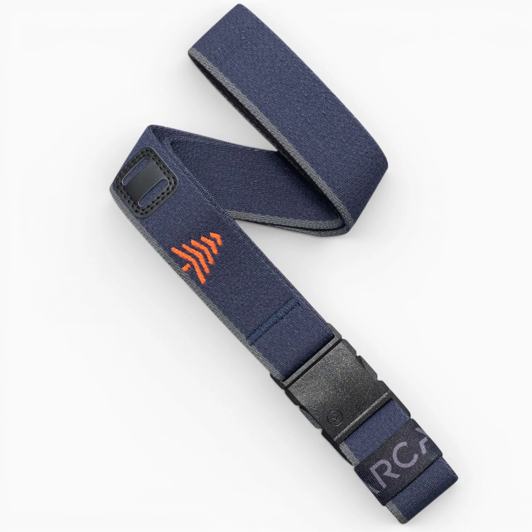 The Arcade Belts Blackwood is a navy blue belt with a black plastic A2 buckle, orange stitching, gray trim, an orange arrow pattern, and “RC” lettering near the end.