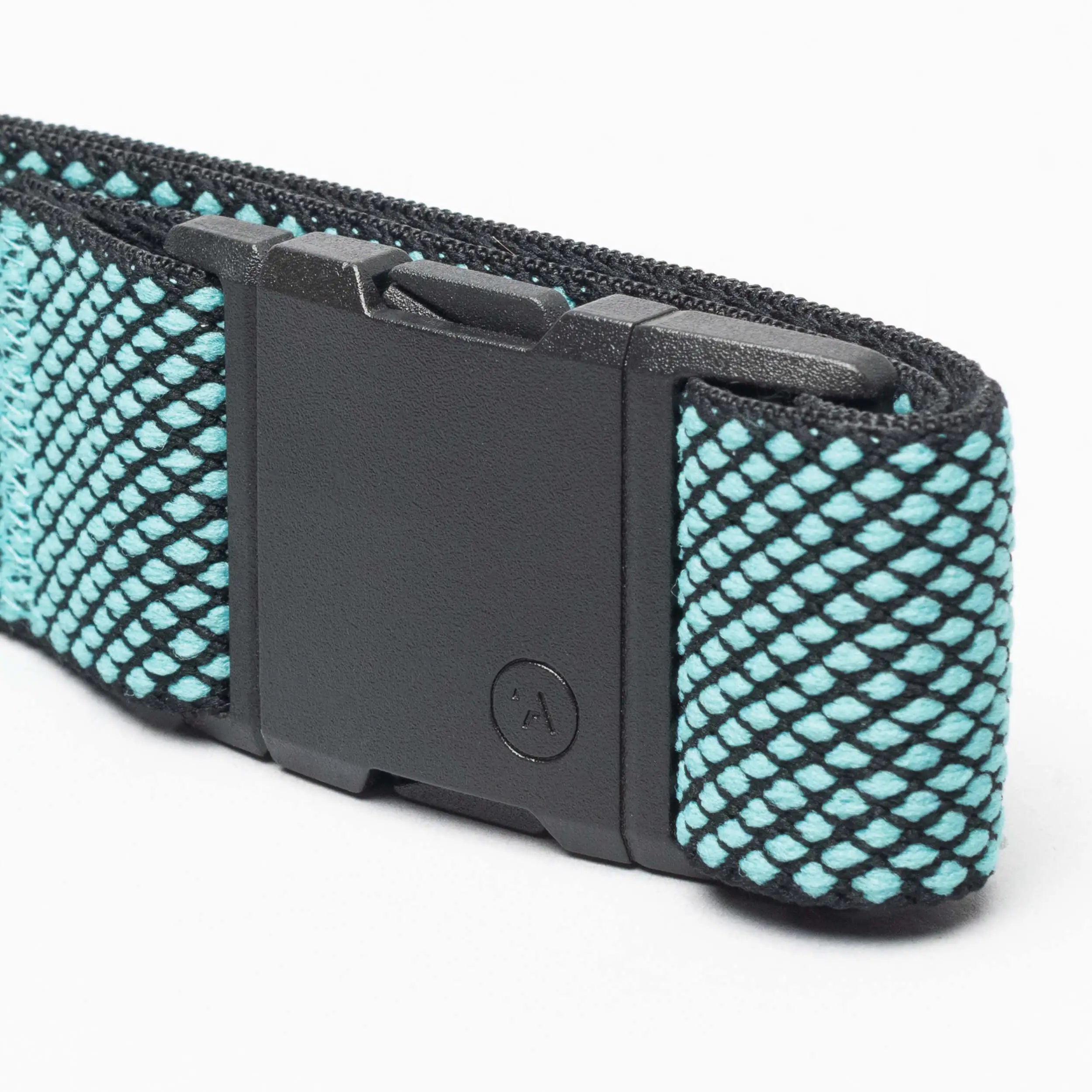 A close-up of the Arcade Belts Carry strap in teal and black, featuring a black A2 buckle and performance stretch webbing, photographed on a white background.