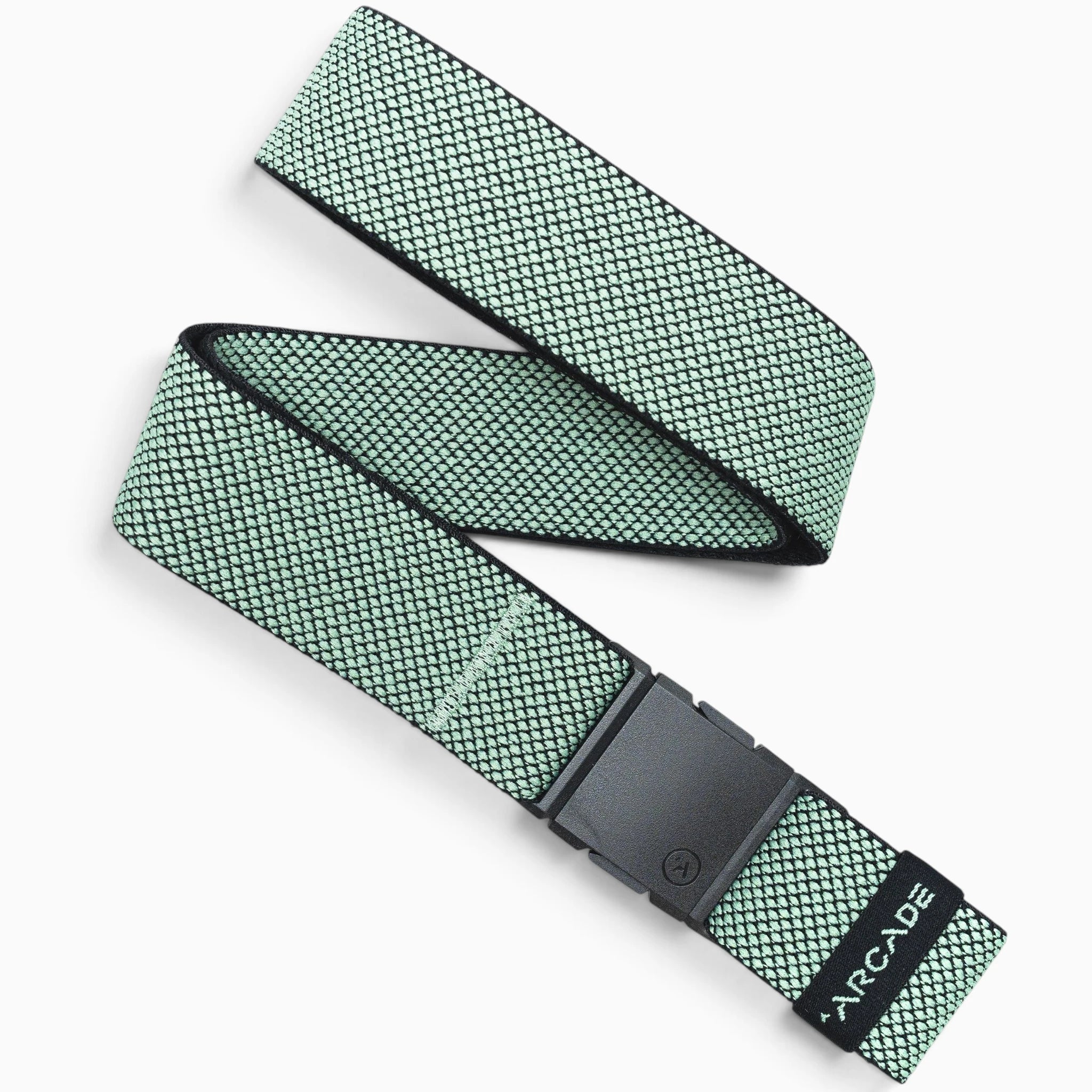 The Arcade Belts Carry is a mint green woven belt showcasing a distinctive weave with performance stretch webbing. It features a black plastic A2 buckle and is accented by a small black ARCADE tag near the end. The belt appears loosely coiled on a white background.