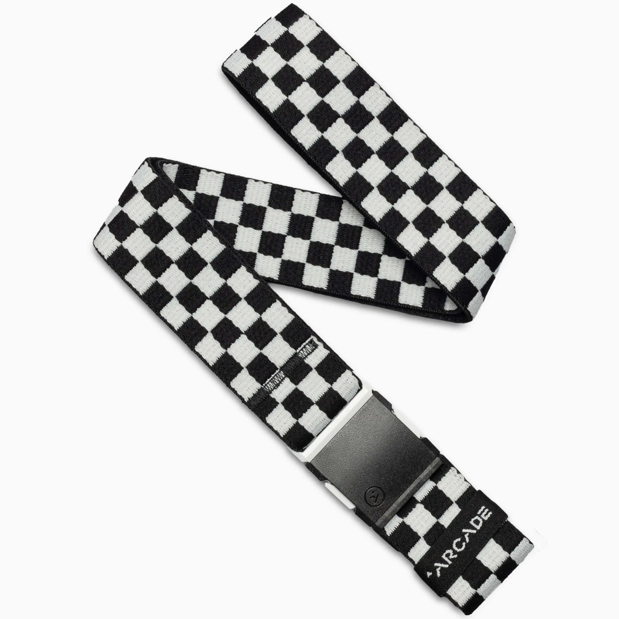 The Arcade Belts Check is a black glacial, checkered belt featuring a black buckle and the brand name near the end. Designed for movement with performance stretch, it displays a loose zigzag pattern.