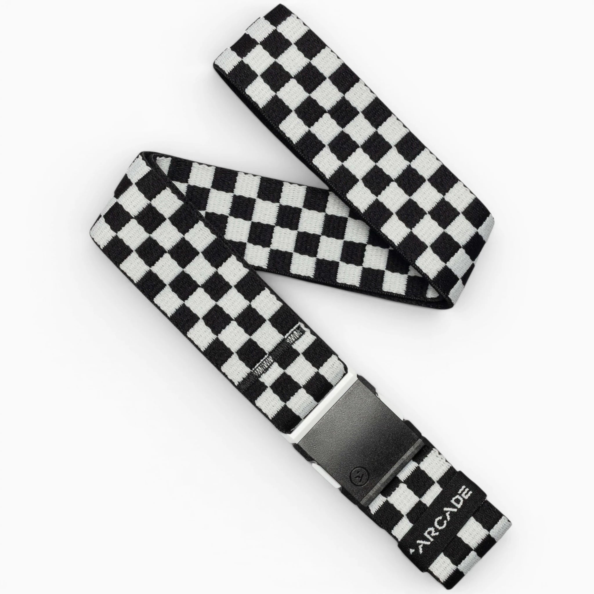 The Arcade Belts Check is a black glacial, checkered belt featuring a black buckle and the brand name near the end. Designed for movement with performance stretch, it displays a loose zigzag pattern.