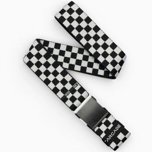 The Arcade Belts Check is a black glacial, checkered belt featuring a black buckle and the brand name near the end. Designed for movement with performance stretch, it displays a loose zigzag pattern.