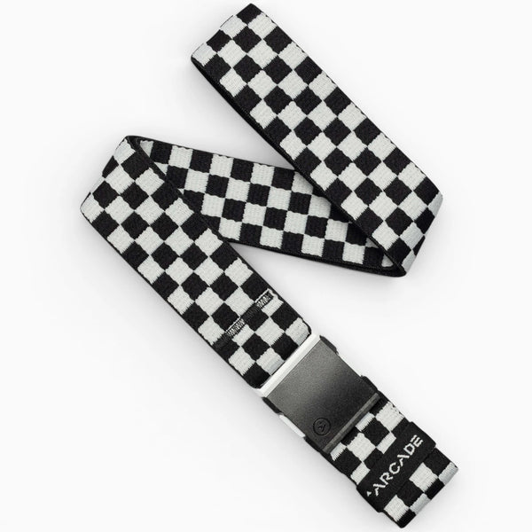The Arcade Belts Check is a black glacial, checkered belt featuring a black buckle and the brand name near the end. Designed for movement with performance stretch, it displays a loose zigzag pattern.