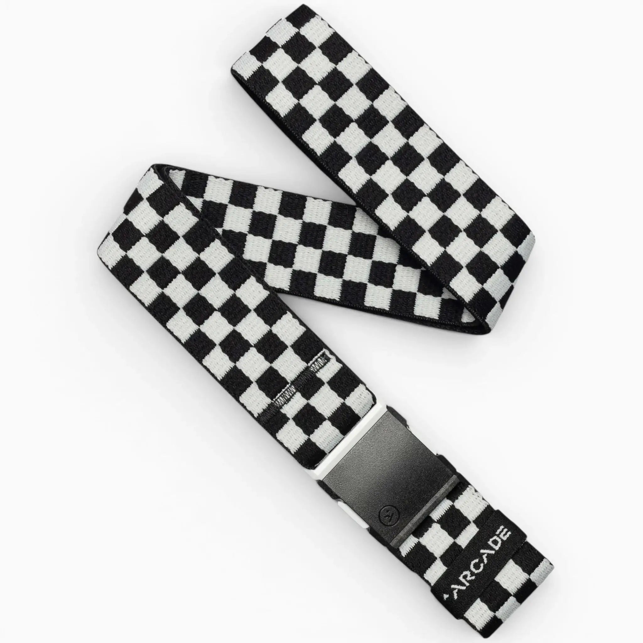 The Arcade Belts Check is a black glacial, checkered belt featuring a black buckle and the brand name near the end. Designed for movement with performance stretch, it displays a loose zigzag pattern.