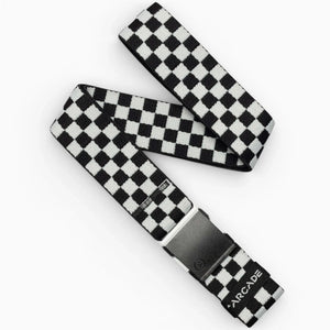 The Arcade Belts Check is a black glacial, checkered belt featuring a black buckle and the brand name near the end. Designed for movement with performance stretch, it displays a loose zigzag pattern.