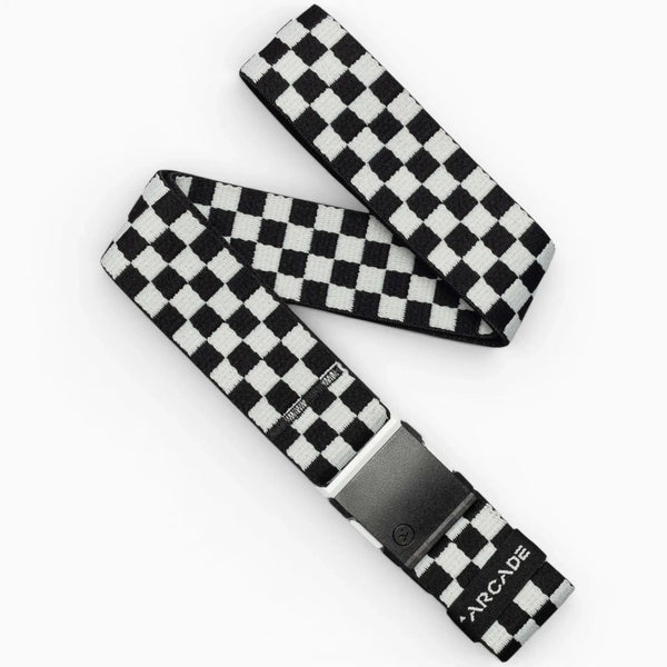 The Arcade Belts Check is a black glacial, checkered belt featuring a black buckle and the brand name near the end. Designed for movement with performance stretch, it displays a loose zigzag pattern.