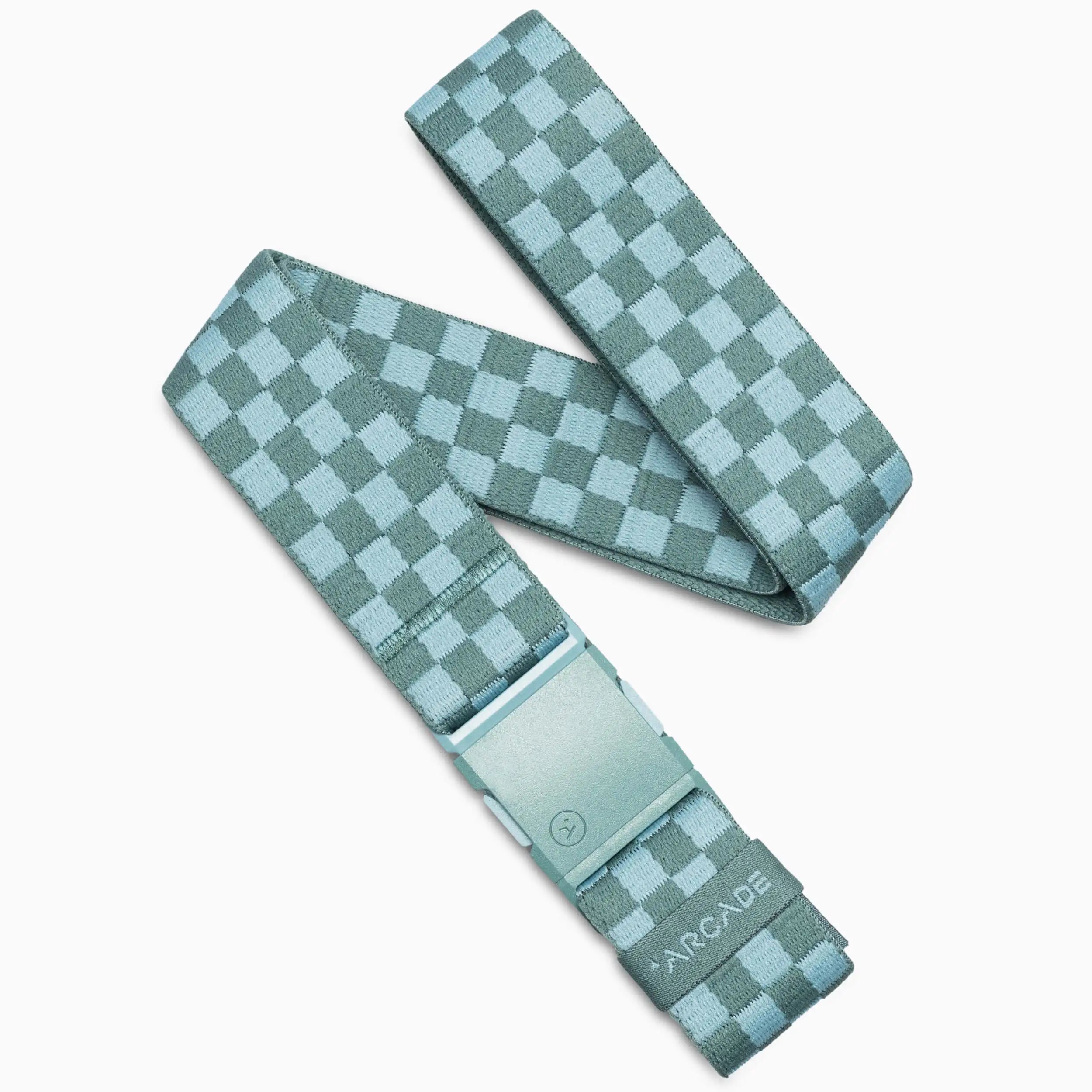 Introducing the Check belt from Arcade Belts in the Caspian Cove colorway—a performance stretch accessory designed for movement and finished with a rectangular metal buckle. The word ARCADE printed at the tip adds a signature touch, making this checkered belt both stylish and attention-grabbing wherever you go.