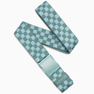 Introducing the Check belt from Arcade Belts in the Caspian Cove colorway—a performance stretch accessory designed for movement and finished with a rectangular metal buckle. The word ARCADE printed at the tip adds a signature touch, making this checkered belt both stylish and attention-grabbing wherever you go.