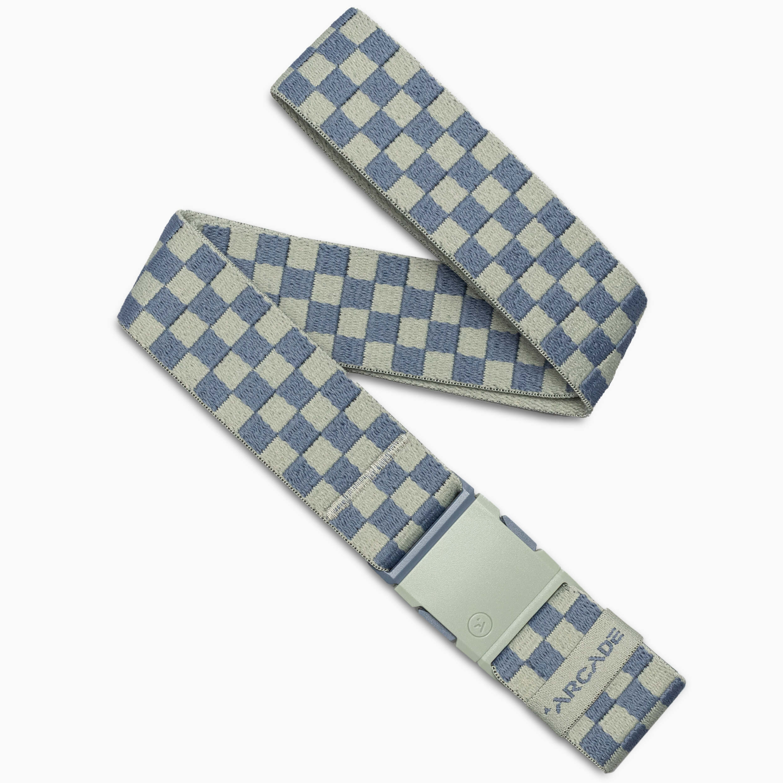 The Arcade Belts Check is a gray and light blue checkered fabric belt with a light gray buckle, laid flat in a zigzag. Its performance stretch design ensures comfort, and "ARCADE" is printed near the end of the belt.