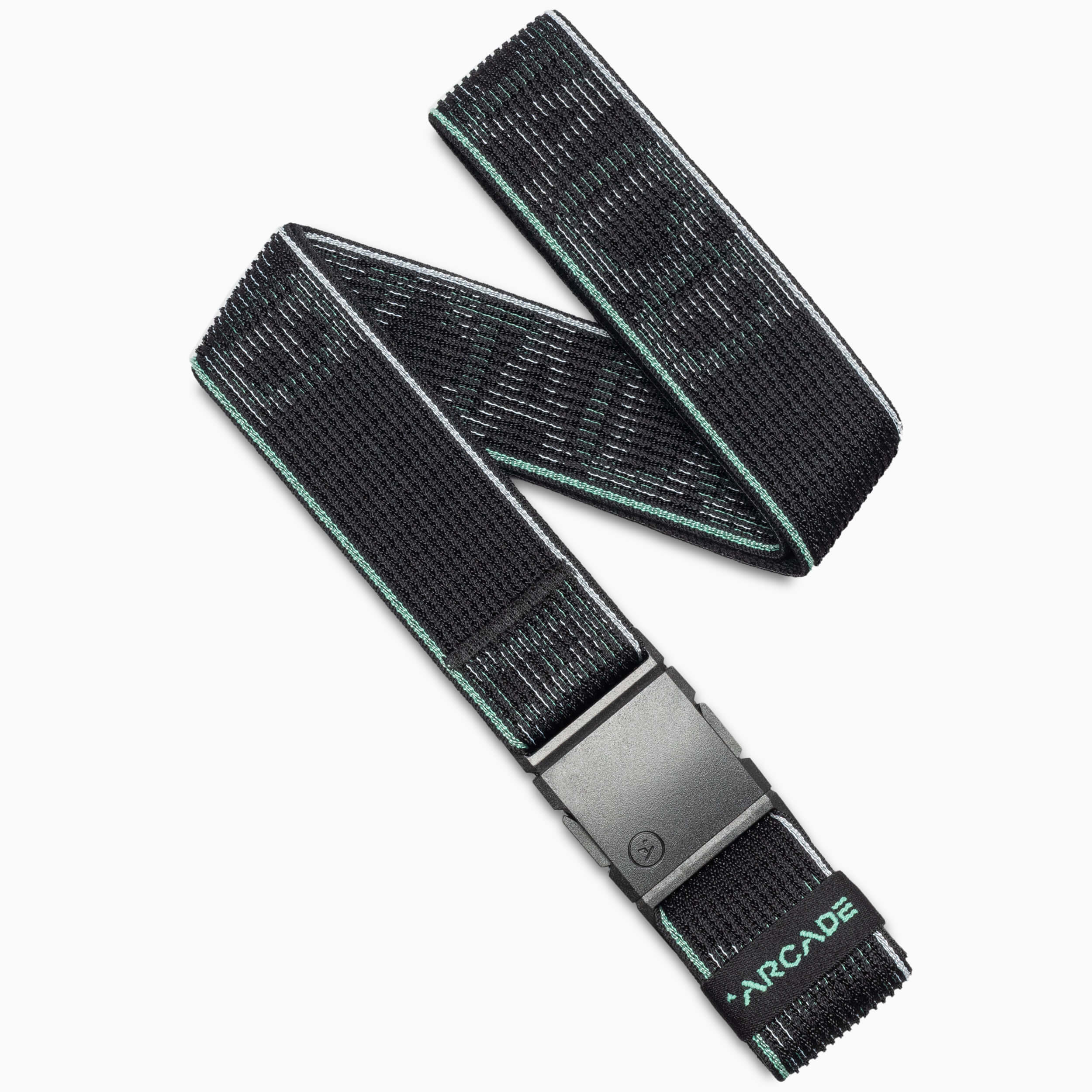 The Arcade Belts "Cubed" is a Glacial Mint fabric belt with a rectangular black buckle, teal stitching, and “ARCADE” embroidered near the end—offering comfort and style for everyday wear.