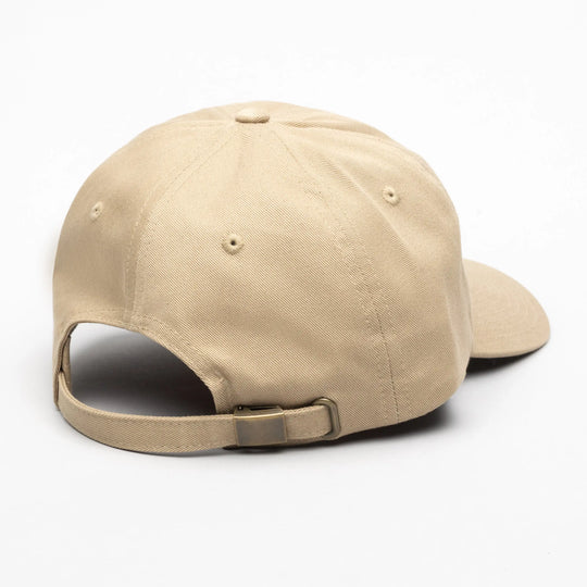 The Arcade Dad Hat by Arcade Belts is shown from the back, highlighting its fabric strap with a metal buckle for adjustable sizing, offering a secure fit like an Elastic Stretch Belt, set against a plain white background.