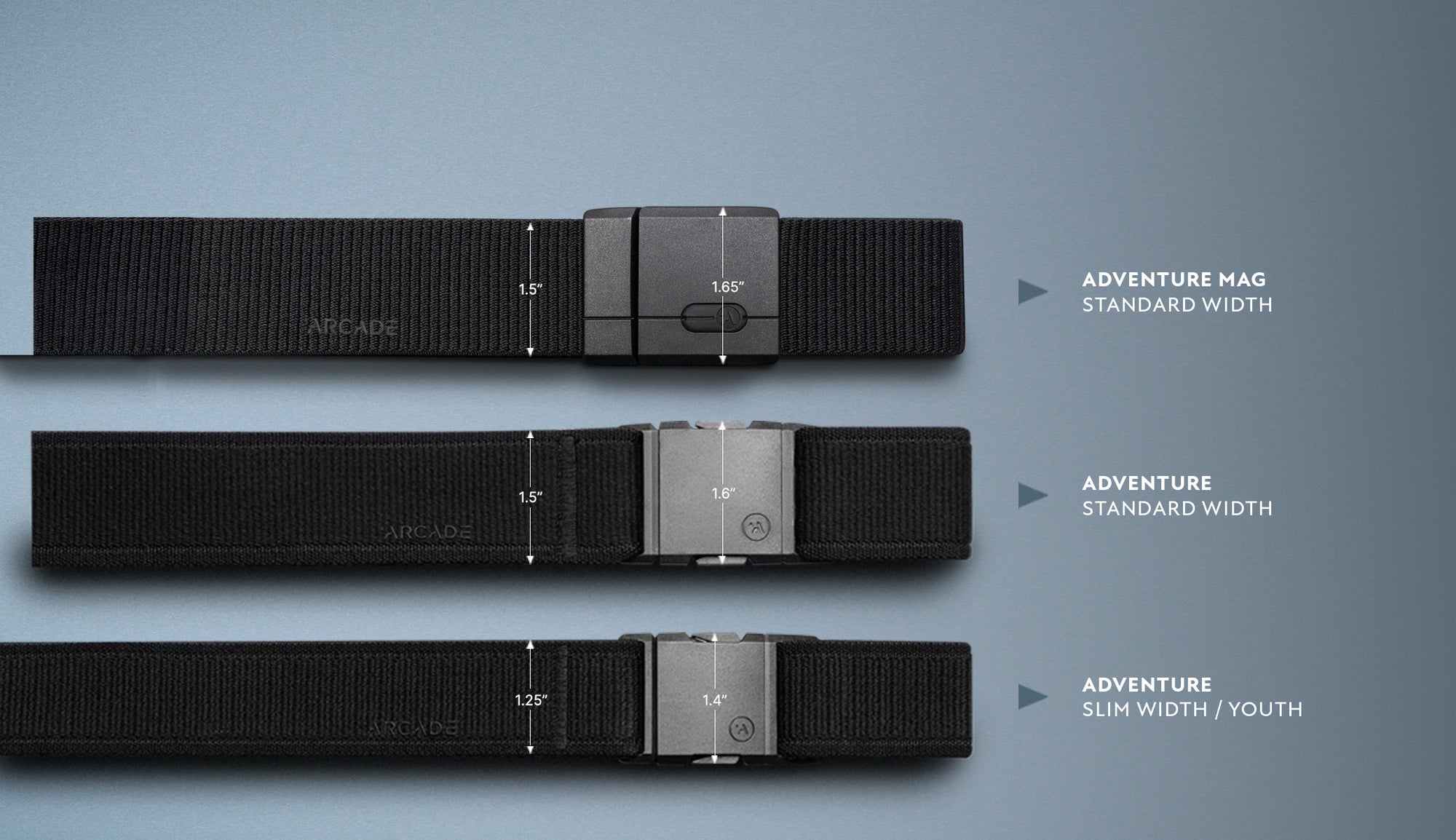 Three black fabric belts are displayed horizontally, each with a distinct buckle. Labels indicate widths: top (1.5) Adventure Mag, middle (1.5) Adventure, and bottom (1.25) Adventure Slim/Youth, all on a gray background.