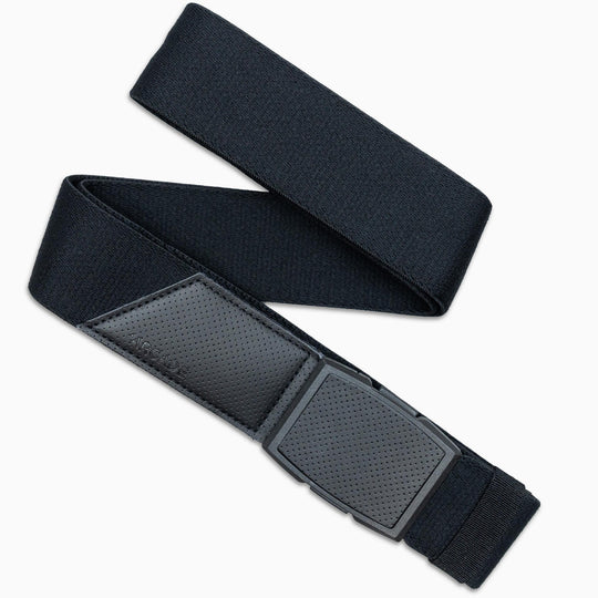 The Arcade Belts Elevation is a black elastic belt with a rectangular perforated plastic buckle and matching perforated leather accent, shown on a white background.