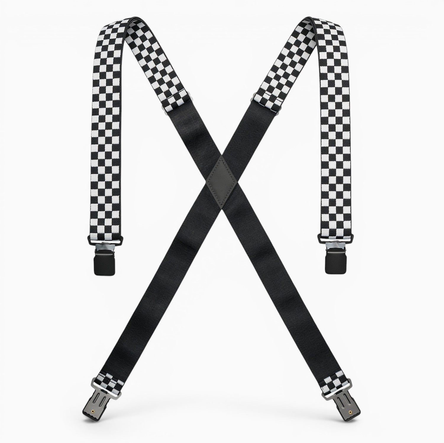 Introducing the Jessup suspenders by Arcade Belts: Featuring a bold checkered black-and-white pattern on the upper straps and arranged in an X-shape against a white background, these suspenders combine durable hardware with heavy-duty stretch webbing for superior style and lasting comfort.