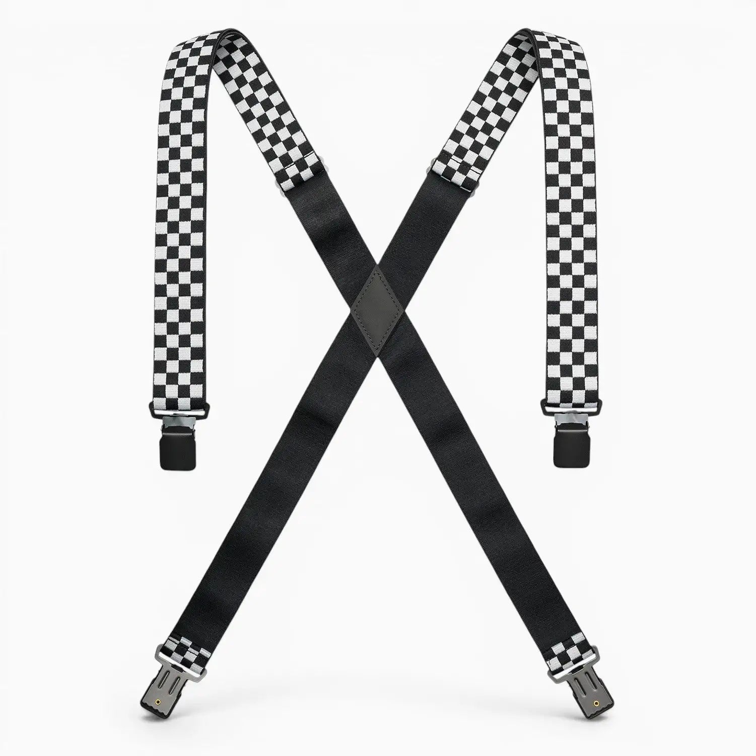Introducing the Jessup suspenders by Arcade Belts: Featuring a bold checkered black-and-white pattern on the upper straps and arranged in an X-shape against a white background, these suspenders combine durable hardware with heavy-duty stretch webbing for superior style and lasting comfort.