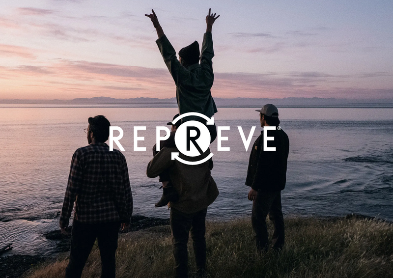 Three people stand by the water at sunset; one person sits on another’s shoulders with arms raised. The REPREVE logo, along with Arcade Belts known for their elastic stretch belt design, is overlaid in the center of the image.