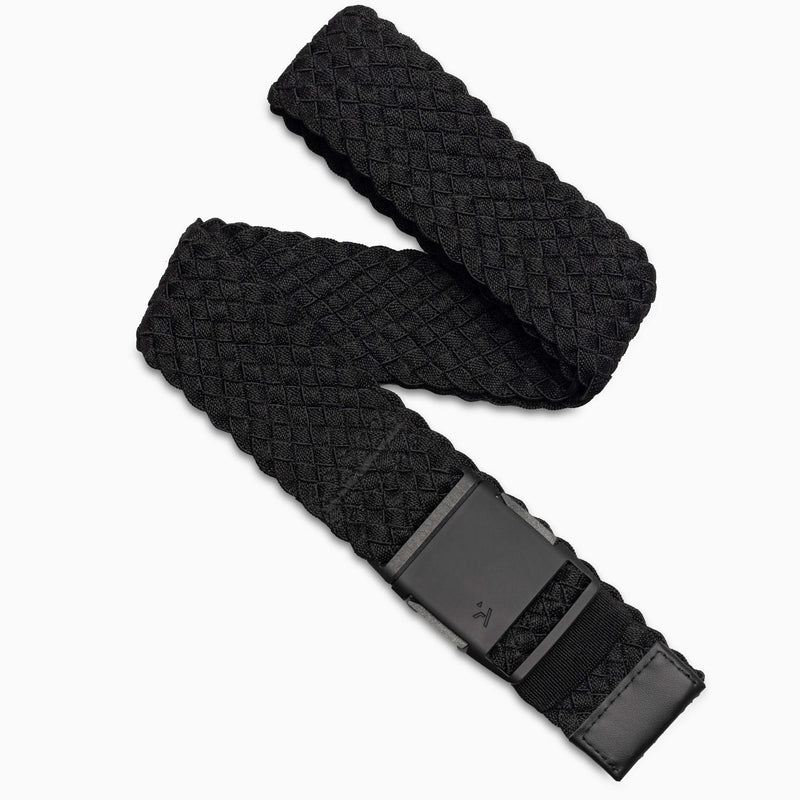 The Arcade Belts Futureweave is a black belt with a diamond-patterned woven webbing and a rectangular black buckle, shown on a white background—offering comfort and style for everyday wear.